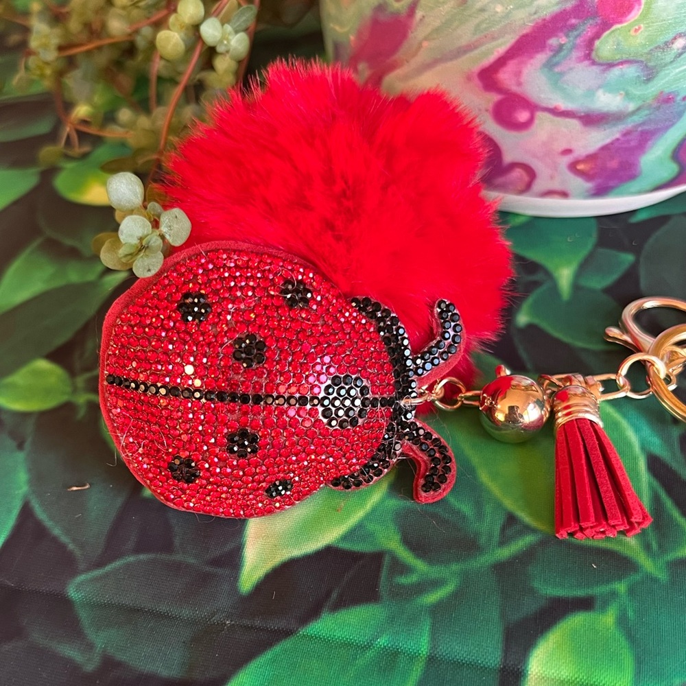 Rhinestone Ladybug with Red Pom Pom & Tassel/Gold Ball - Purse Charm / Key Charm - Picture 5 of 8